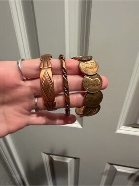 Vintage Copper Bracelet Bundle Lot of 3 - Penny Coin, Stamped Cuff & Rope Twist